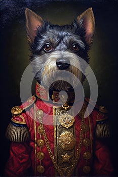 Simulation of a classic oil painting of a dog in military clothing classical style