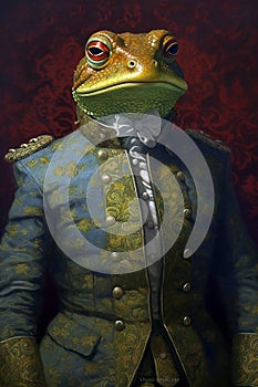 Simulation of a classic oil painting of a frog in military clothing