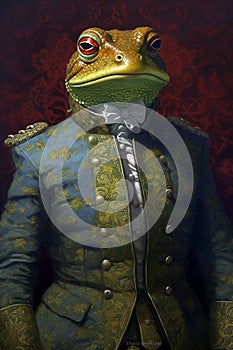 Simulation of a classic oil painting of a frog in military clothing photo