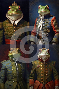 Simulation of a classic oil painting of a frog in military clothing renaissance style