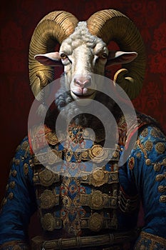 Simulation of a classic oil painting of a goat wearing military clothing in renaissance style