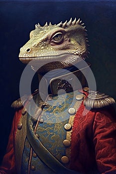 Simulation of a classic oil painting of a lizard in military clothing