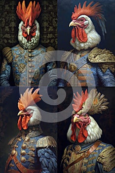 Simulation of a classic oil painting of a rooster in renaissance military clothing in the classical style