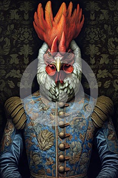 Simulation of a classic oil painting of a rooster wearing military clothing in renaissance style