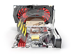 Simulation of CPU overheating Motherboard complete with RAM and video card solated on white background 3d render