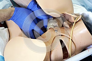 Simulation mannequin for childbirth during training for obstetricians.
