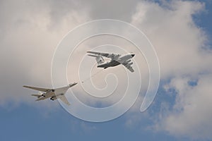 Simulation of refueling in the air of Il-78 and Tu-160 aircraft in the sky over Moscow`s Red Square during the dress rehearsal of