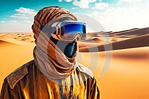 simulation of world using vr headset man in augmented reality gles in desert