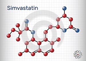 Simvastatin, molecule. It is belongs to the statin class, lipid-lowering drug. Sheet of paper in a cage