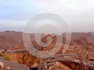 Sinai desert panorama. Egypt mountains and sunset from the top of Mount Sinai. desert landscapes. Christian pilgrimages