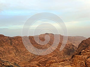 Sinai desert panorama. Egypt mountains and sunset from the top of Mount Sinai. desert landscapes. Christian pilgrimages