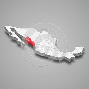 Sinaloa region location within Mexico 3d map photo