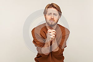 Sincere request. Portrait of imploring man with beard in sweatshirt standing with prayer gesture and apologizing