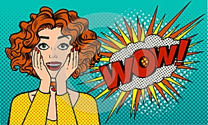 Sincere women`s surprise. A girl with an open mouth says WOW. Retro comics style. Pop art. Illustration