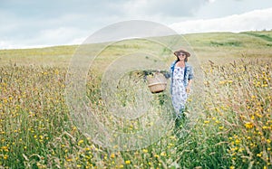 Sincerely smiling young Woman dressed jeans jacket and light summer dress walking by the high green grass meadow with basket and