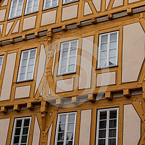 Sindelfingen, Baden Wurttemberg/Germany - May 11, 2019: Wooden windows on half-timbered house facades of Town Museum.Stadtmuseum,