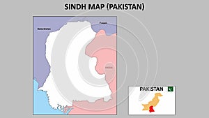 Sindh Map. Political map of Sindh. Sindh Map of Pakistan with neighboring countries and borders