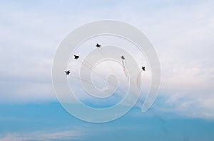 Singapore - 2018-08-04: Singapore airforce fighter jets fly pass over Marina Bay. Singapore National Day Parade NDP rehearsals