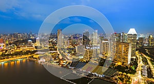 Singapore aerial city view of hotel buildings and skyscrapers in Marina Bay area