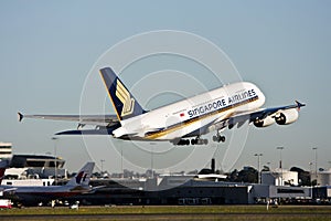 Singapore Airlines Airbus A380 taking off.