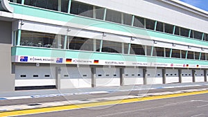 SINGAPORE - APR 2nd 2015: Pit lane and start finish line of the Formula One Racing track at Marina Bay Street Circuit