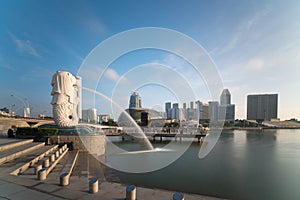 Singapore business district skyline with sunrise in morning at Marina Bay, Singapore