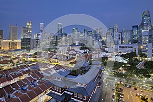 Singapore Central Business District Over Chinatown Blue Hour