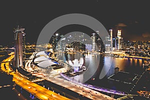 Singapore city skyline at night and view of Marina Bay Top View