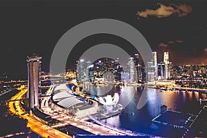 Singapore city skyline at night and view of Marina Bay Top View