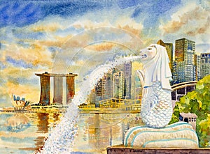 SINGAPORE city skyscrapers. watercolor paintings