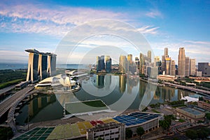 Singapore cityscape at dusk. Landscape of Singapore business building around Marina bay. Modern high building in business district