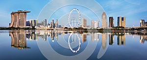 Singapore cityscape at dusk. Landscape of Singapore business building around Marina bay. Modern high building in business district