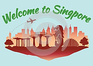 Singapore famous landmark silhouette style on float red island and green country name text,travel and tourism