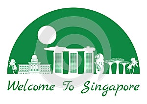 Singapore famous landmark silhouette style inside by green color half circle shape, text within