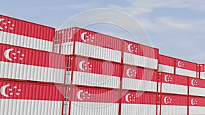 Singapore flag containers are located at the container terminal. Concept for Singapore import and export 3D