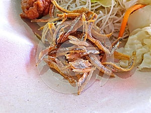 Singapore: fried bee hoon or Rice Vermicelli with fried anchovy