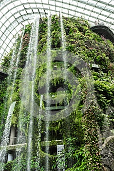 Singapore, GARDEN BY THE BAY view the waterfall under the dome glass with steel framework