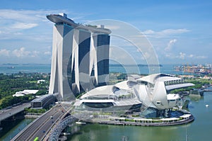 SINGAPORE - JULY 23rd, 2016: unique skyscraper in downtown Marina Bay with a casino and an infinity pool on top of the