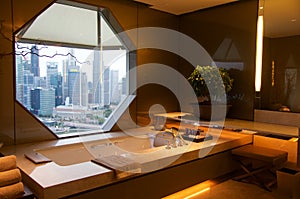 SINGAPORE - JULY 23rd, 2016: luxury Hotel room with modern interior, beautiful Large bathroom marble