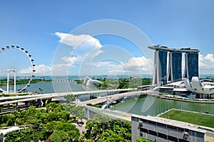 Singapore, Marina Bay, aerial view with Singapore Fleyer, Marina Bay Sands Hotel and Gardens by the Bay and ArtScience Museum