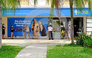 Singapore May2020 People queueing outside local bank POSB observing safe social distancing. Staff ambassadors limiting access to r