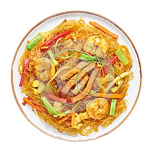 Singapore Mei Fun in plate isolated on white background. Singapore Noodles is chinese cuisine dish. Chinese food