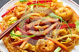 Singapore Mei Fun. Singapore Noodles is chinese cuisine dish. Chinese food. Close up