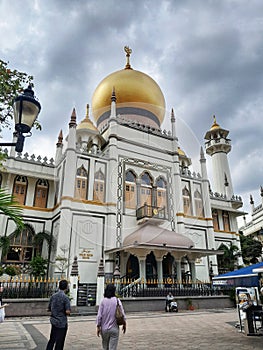 Singapore, May 15, 2023. Masjid Sultan, Singapore Mosque in historic Kampong Glam with golden dome and huge prayer hall.