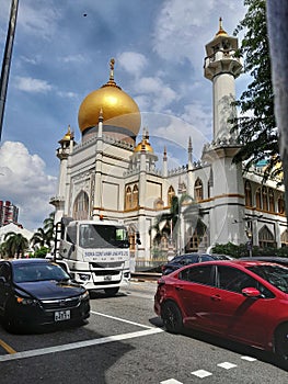 Singapore, May 15, 2023. Masjid Sultan, Singapore Mosque in historic Kampong Glam with golden dome and huge prayer hall.