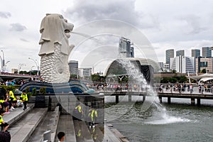 The Merlion lion and fish sculpture, national personification of Singapore, in Merlion Park, Downtown Core district
