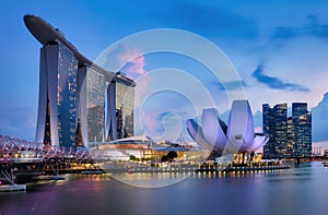 Singapore night city skyline at business district, Marina Bay