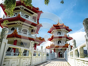 Singapore Nov 26, 2018: The Twin Pagodas on Jurong Lake, A beautiful chinese style building with blue sky in the Chinese Garden