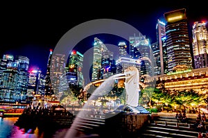 View of the business district and the The Merlion Park at a landmark name Marina bay with a lot of skyscrapers in the background