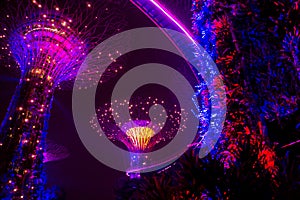 Singapore - Oct 14, 2018: Light show of Supertrees in Gardens by the Bay at night